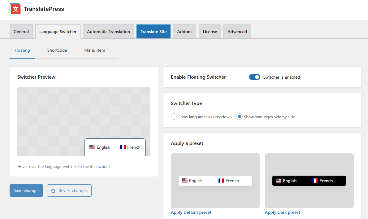 Language Switcher tab from TranslatePress settings