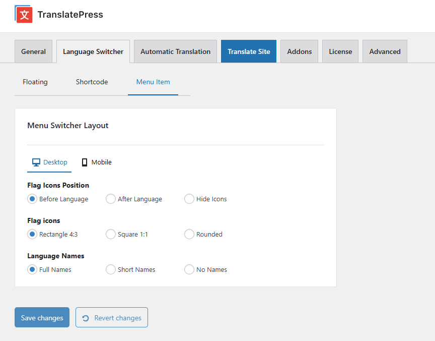 Adjusting the Menu Item Language Switcher display settings