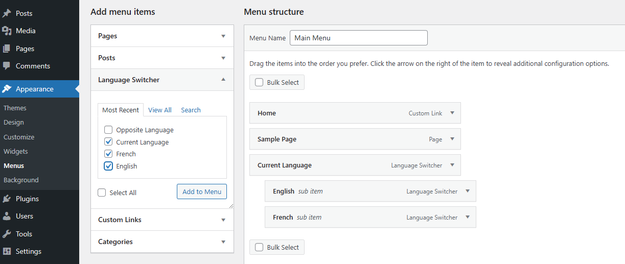 Adding a dropdown menu language switcher using the Current Language block