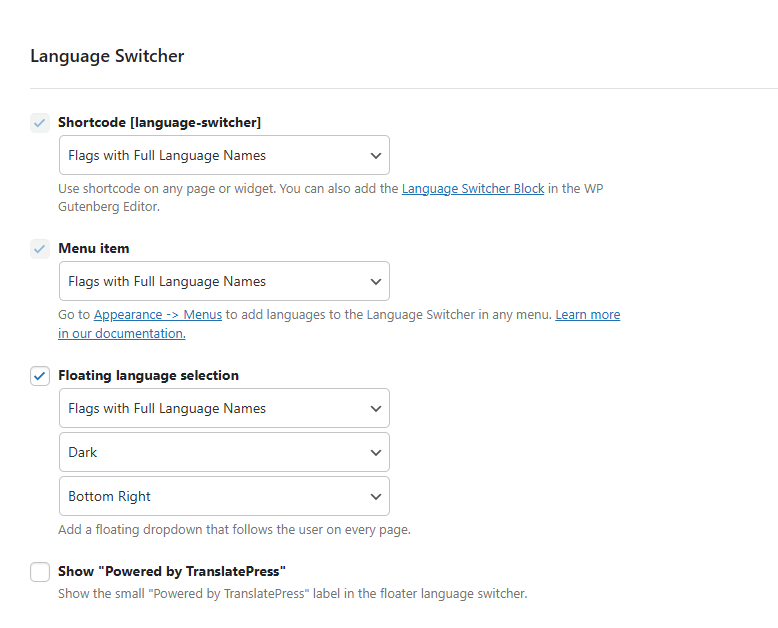 Language Switcher section from General tab