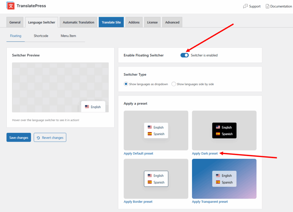 Customizing the language switcher