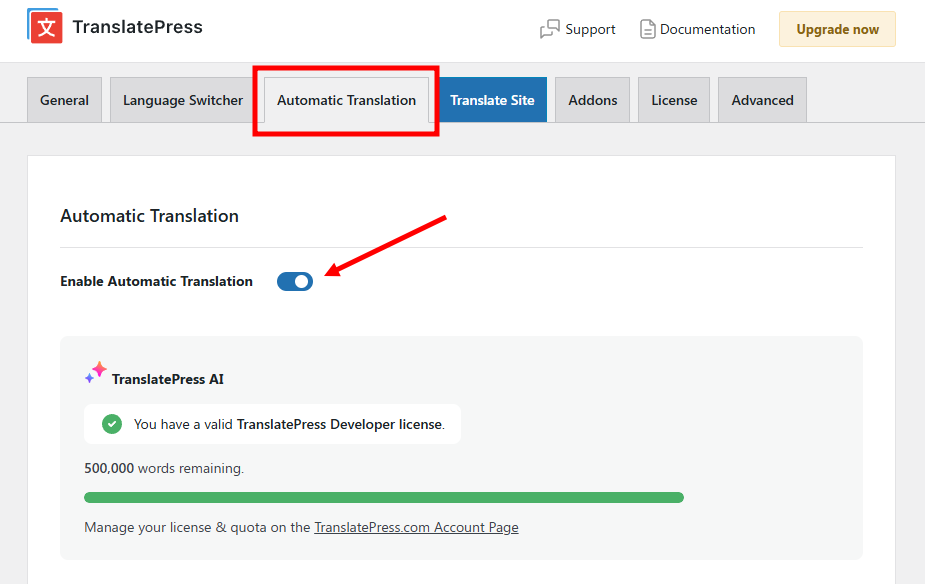TranslatePress AI settings for automatic translation