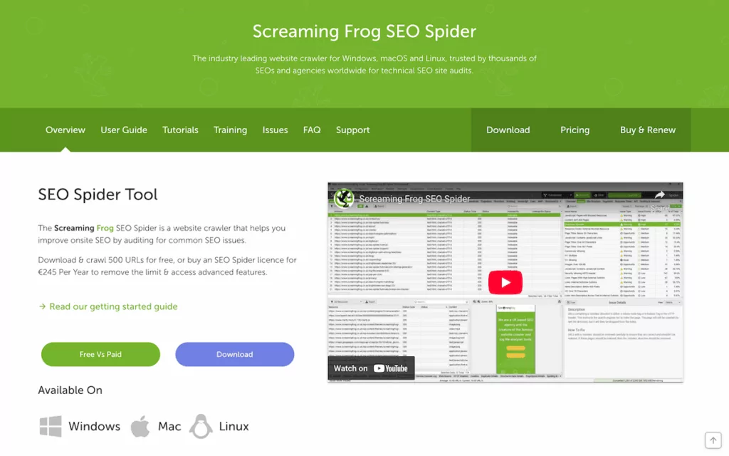 The Screaming Frog SEO Spider home page.