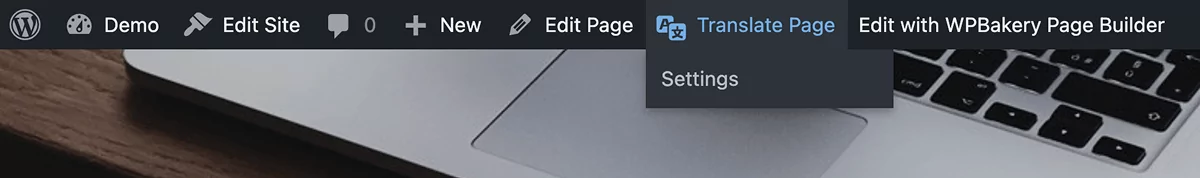 Opening the translation editor using the Translate Page button from WordPress admin bar