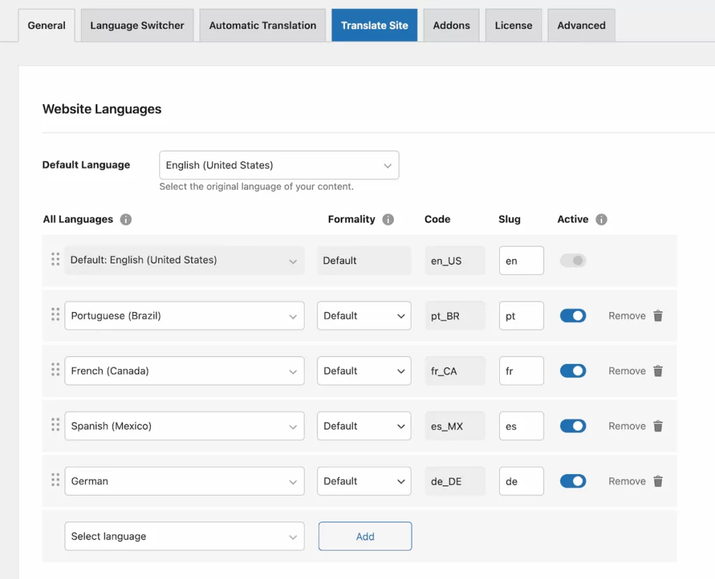 The TranslatePress settings interface showing language configuration options.