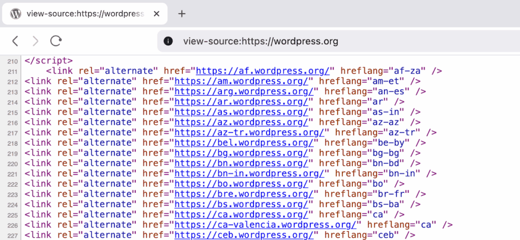 Browser view source showing hreflang tags in the HTML head section.