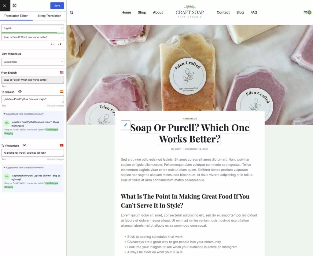 Visual translation editor for multilingual blogging