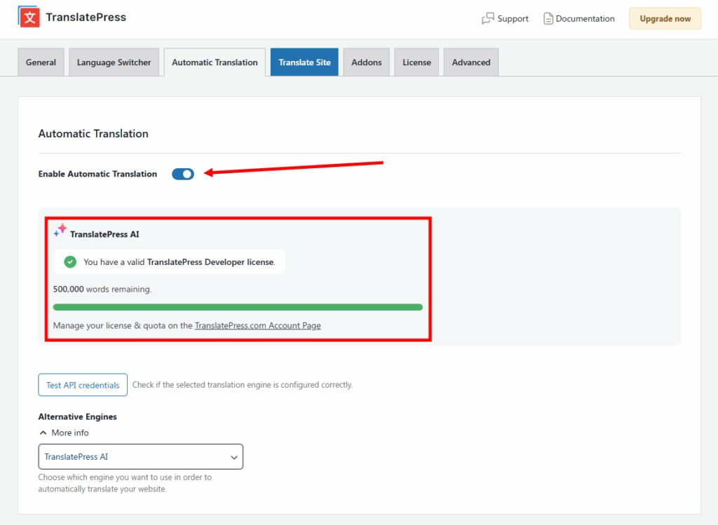 Automatic translation through TranslatePress AI