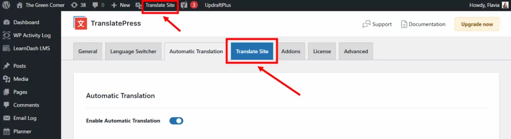 translate site options in translatepress