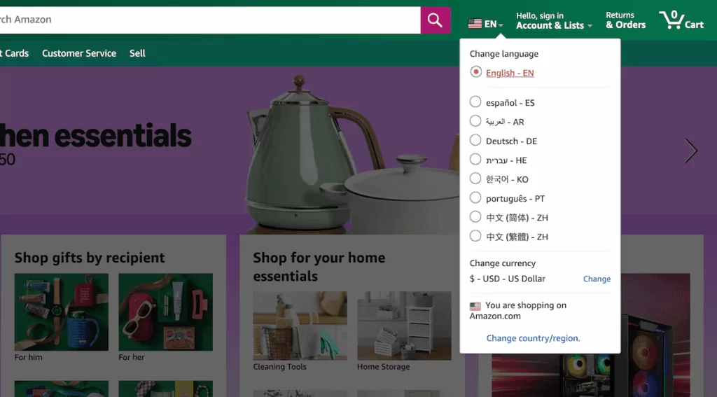 Amazon's country selector showing a US flag but with text representing different Amazon marketplaces with country-specific shopping experiences.