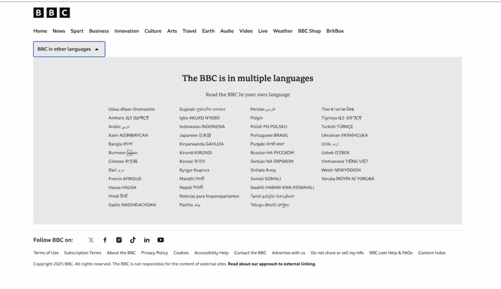 BBC website language selector showing native language names in their own scripts.
