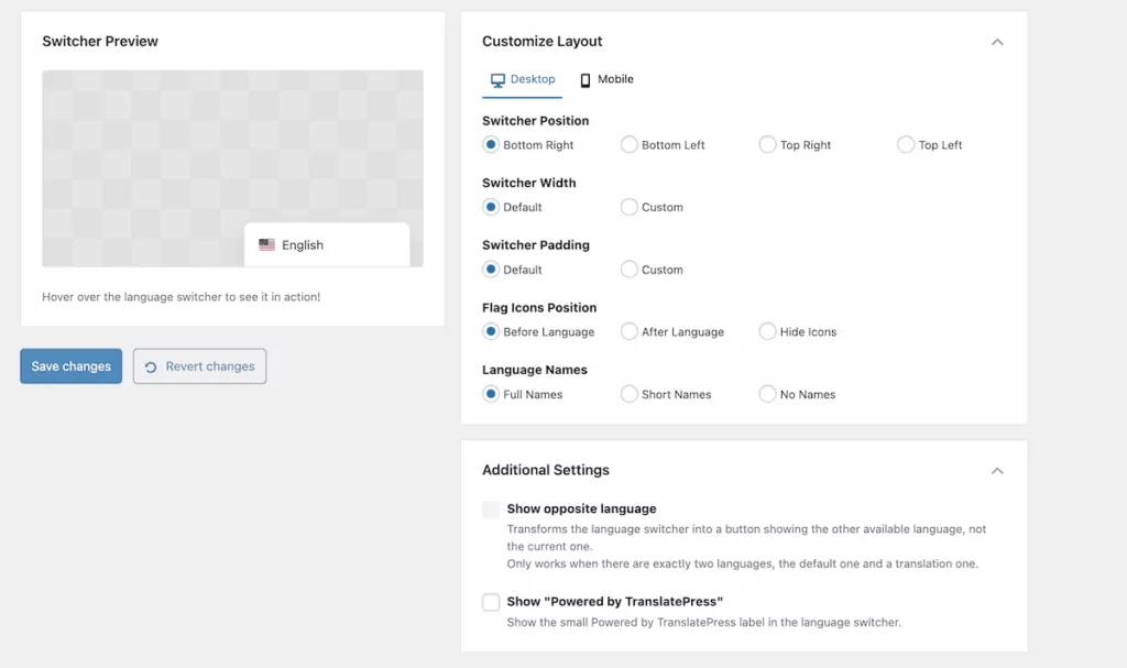The TranslatePress Customize Layout language switcher options.