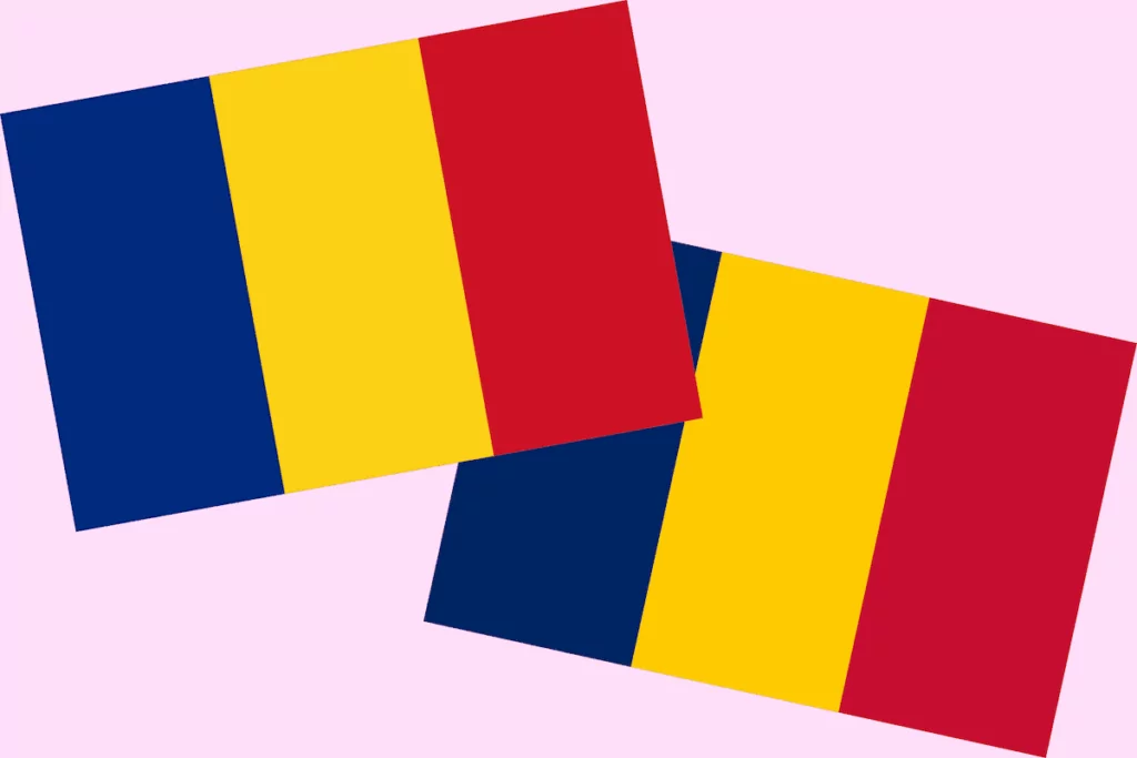 Romanian and Chadian flags displayed side by side showing their nearly identical blue, yellow, and red vertical stripes.