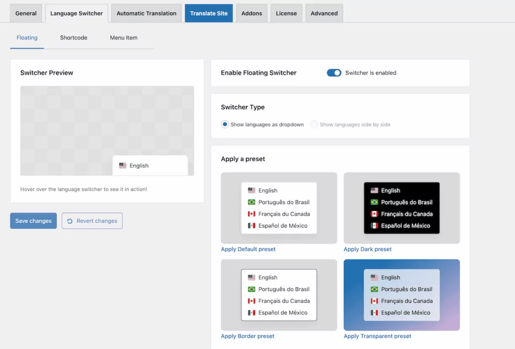 Previewing a language switcher on the front end of a website.