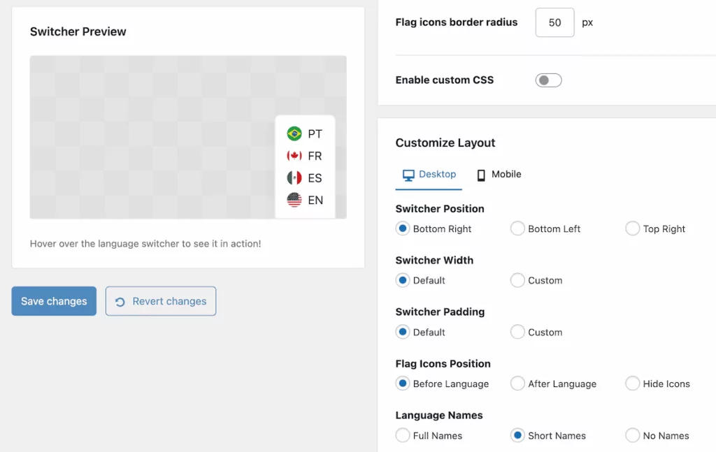 A compact language switcher within TranslatePress' preview screen displaying ISO language codes.