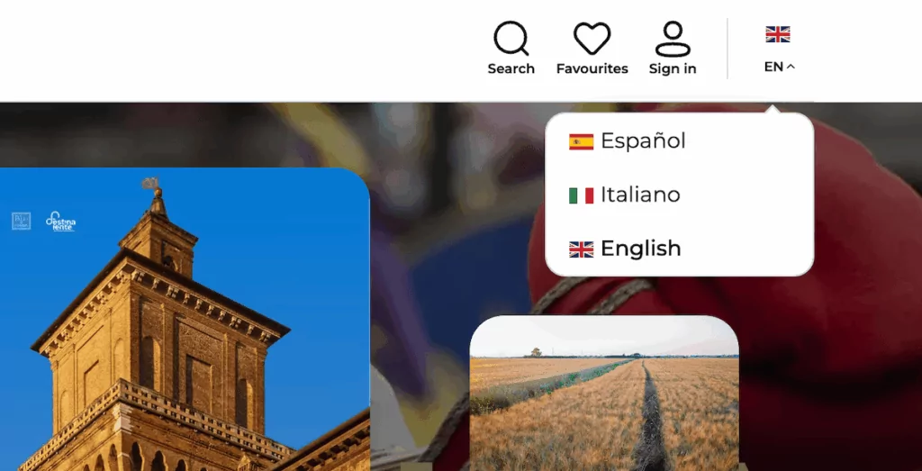 The Discover Italy website language switcher showing flags with native language names for a small selection of tourist-oriented languages.