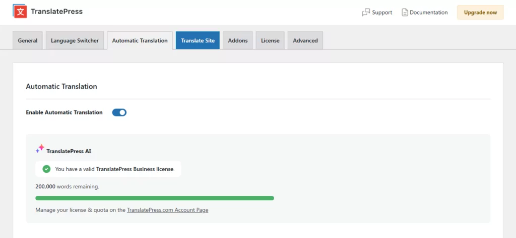 TrasnlatePress AI settings for automatic translation
