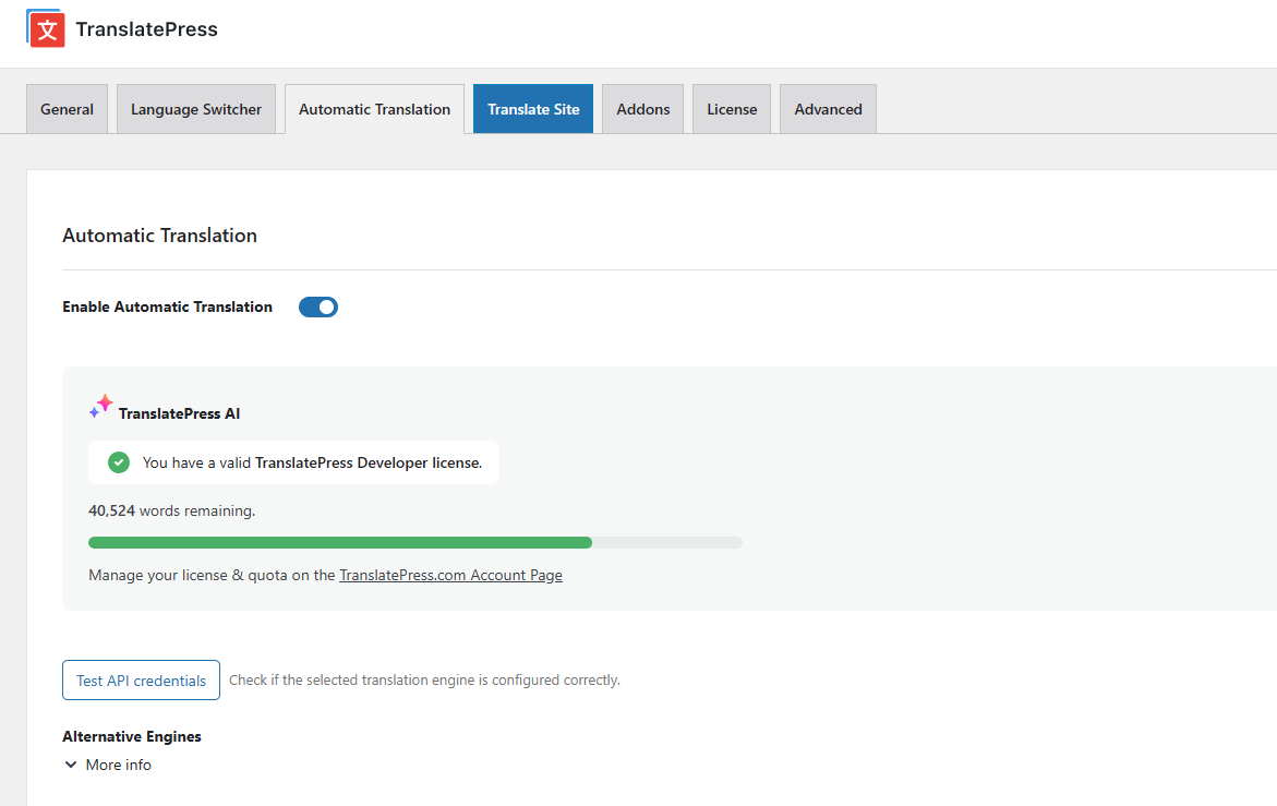 Enabling TranslatePress AI engine in Automatic Translation tab from TranslatePress Settings