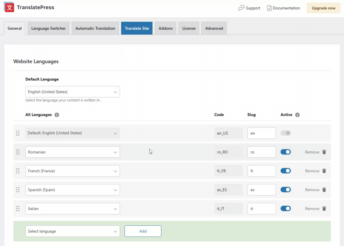 Activating additional languages from TranslatePress General tab