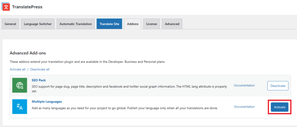Activating Multiple Languages Add-On from TranslatePress Addons tab