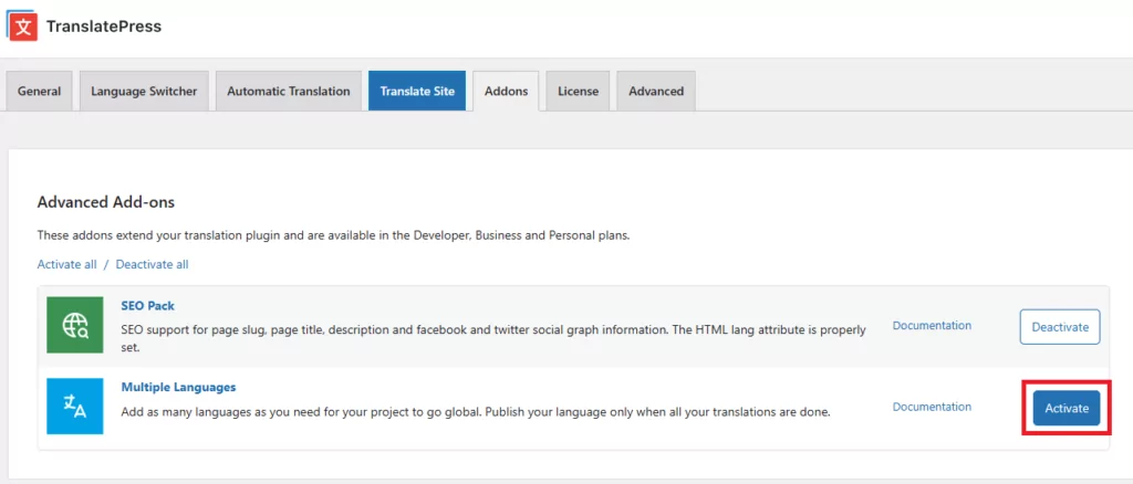 Activating Multiple Languages Add-On from TranslatePress Addons tab