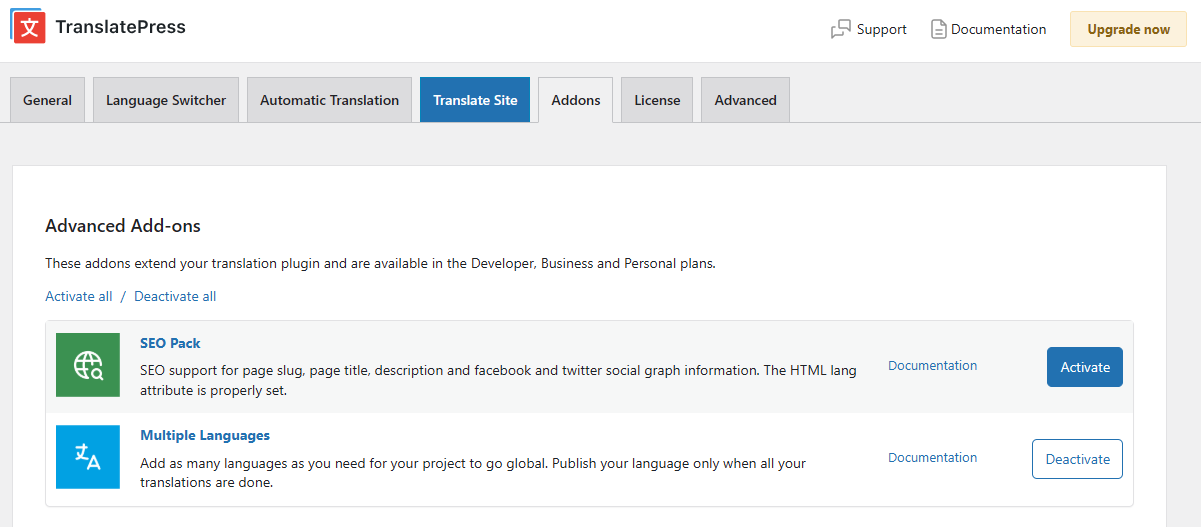 Activating SEO Pack Add-On from Addons tab in TranslatePress Settings