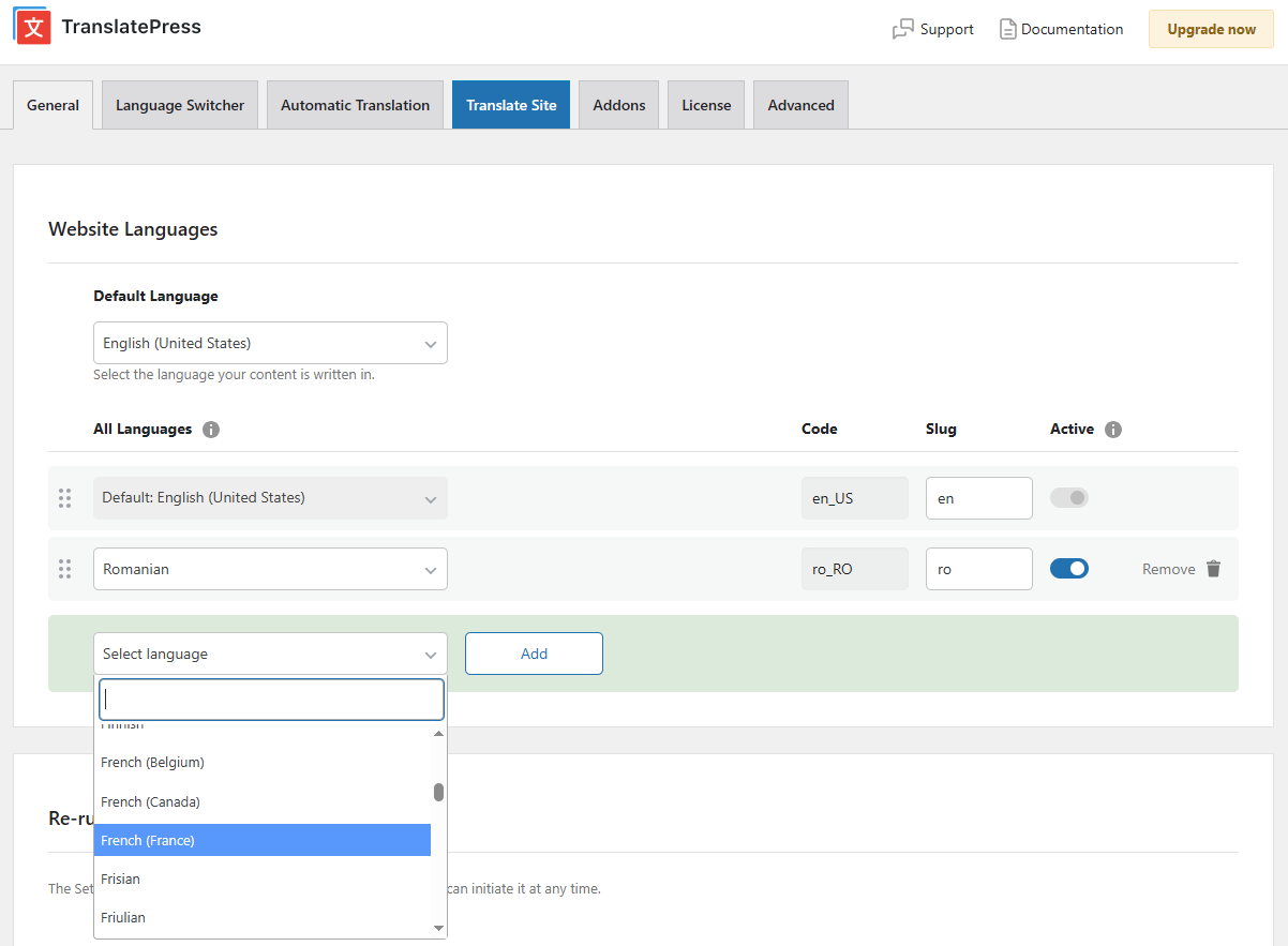 Adding Romanian and French as additional languages from TranslatePress General tab