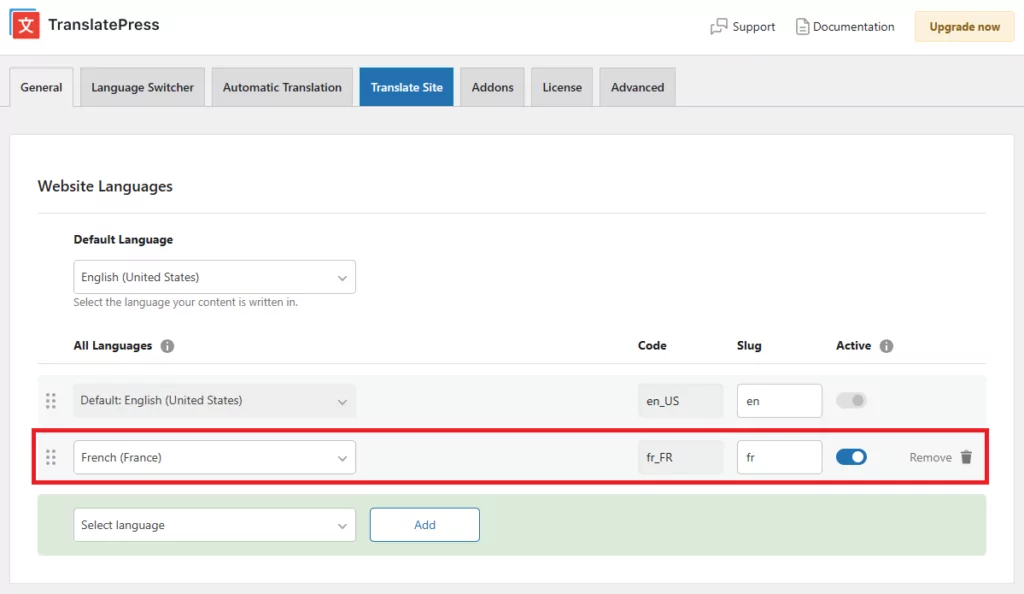 Adding French as additional language from TranslatePress General tab