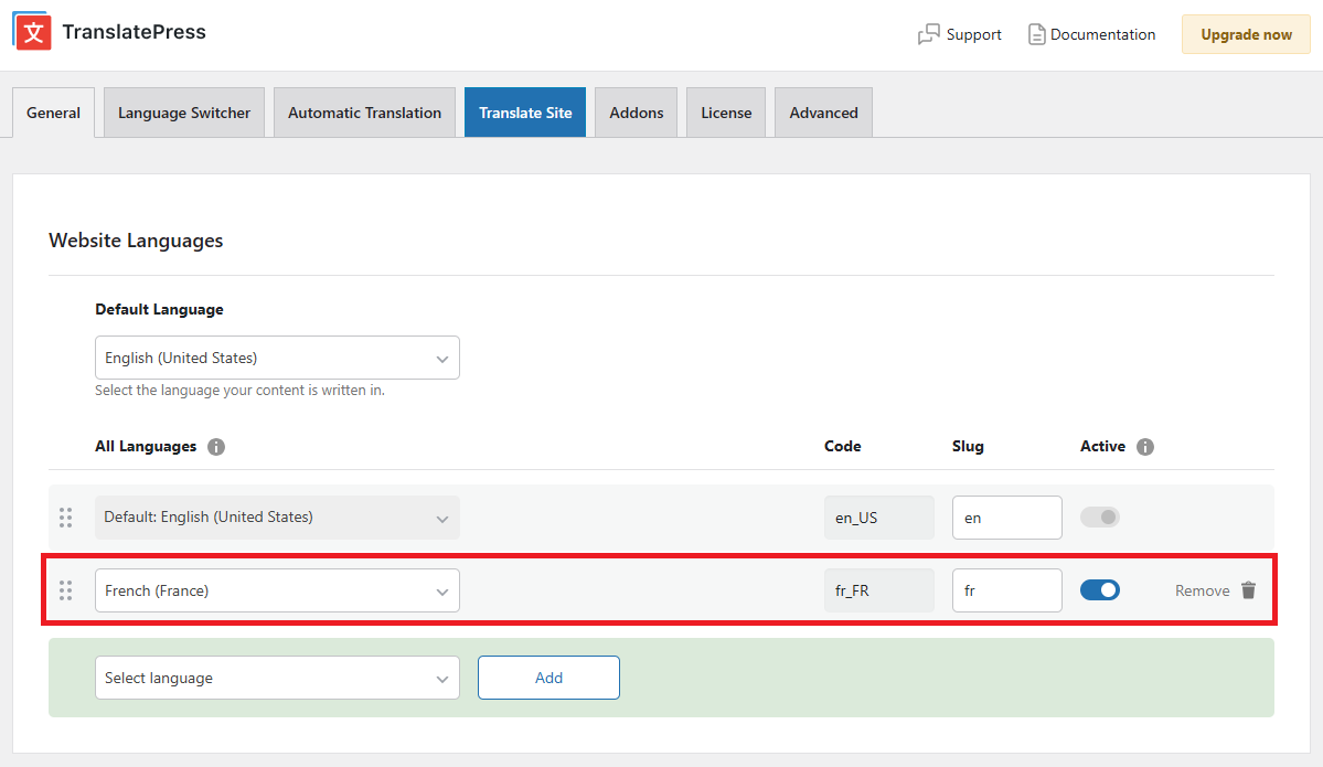 Adding French as additional language from TranslatePress General tab