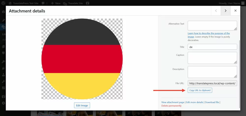 copy flag image url in media library