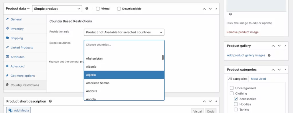 The country restriction settings for a WooCommerce product.