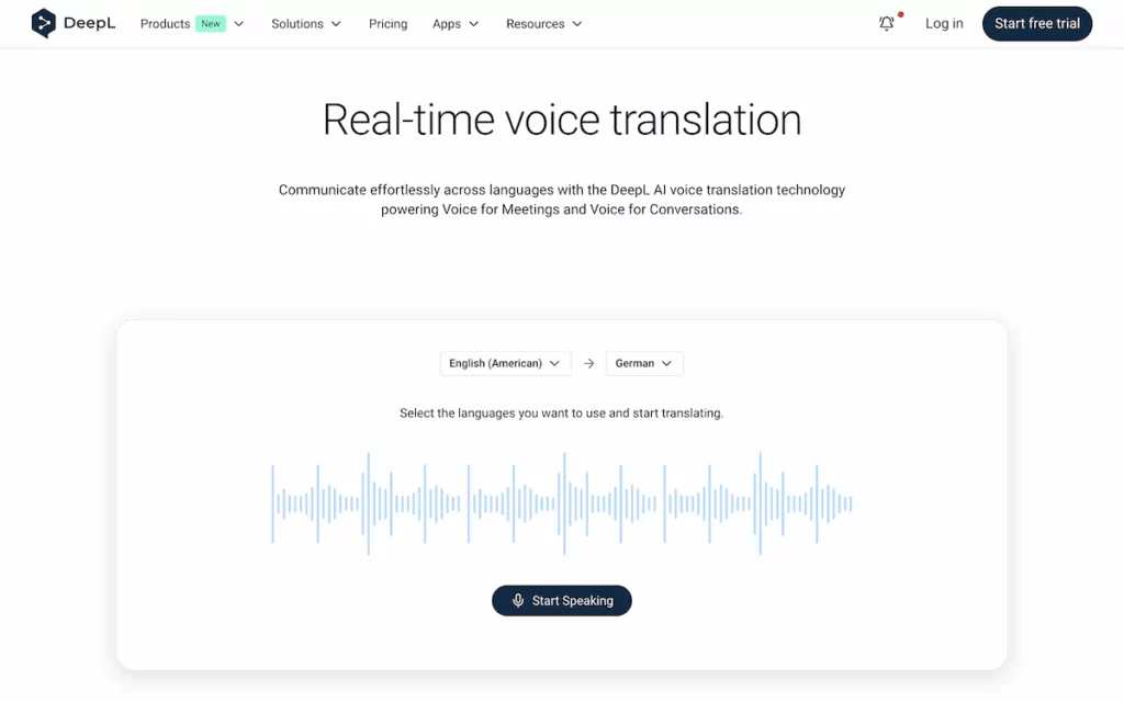 The DeepL Voice interface on the desktop version of the site.