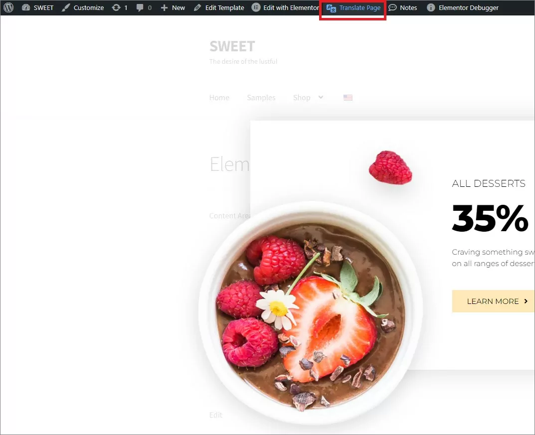 Hovering over Translate Page button from WordPress Toolbar
