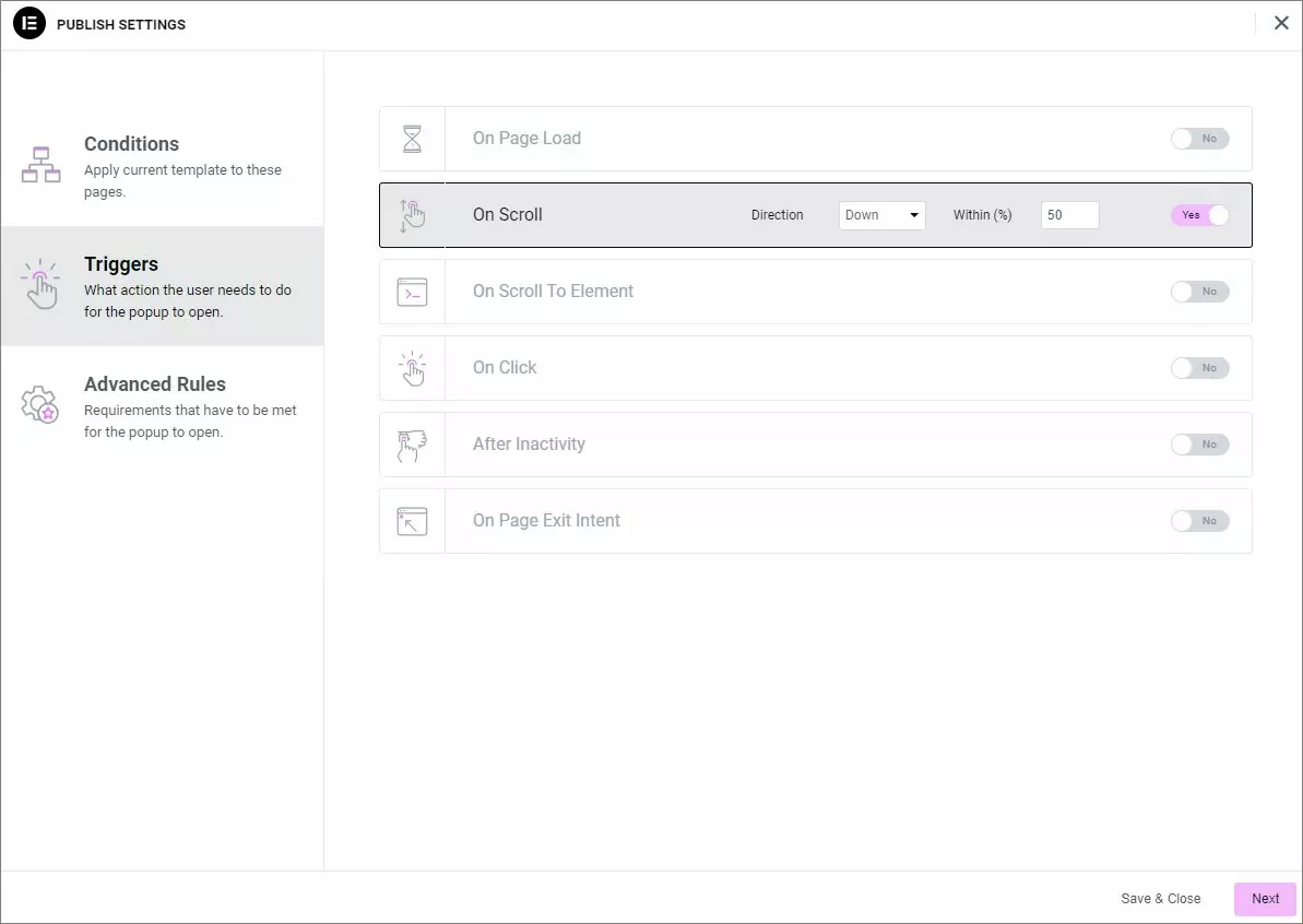 Setting On Scroll trigger option for the Elementor popup