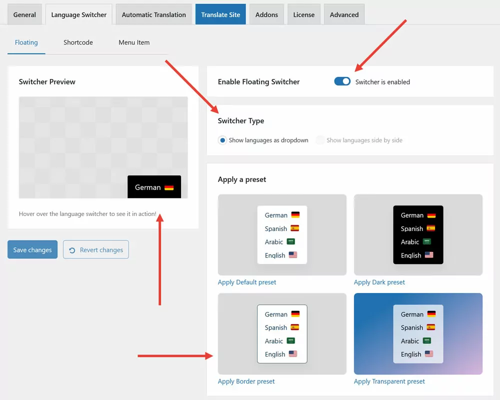 floating language switcher options