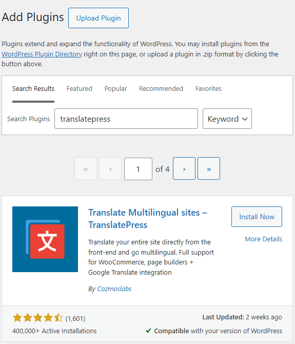 Searching for TranslatePress plugin and installing it