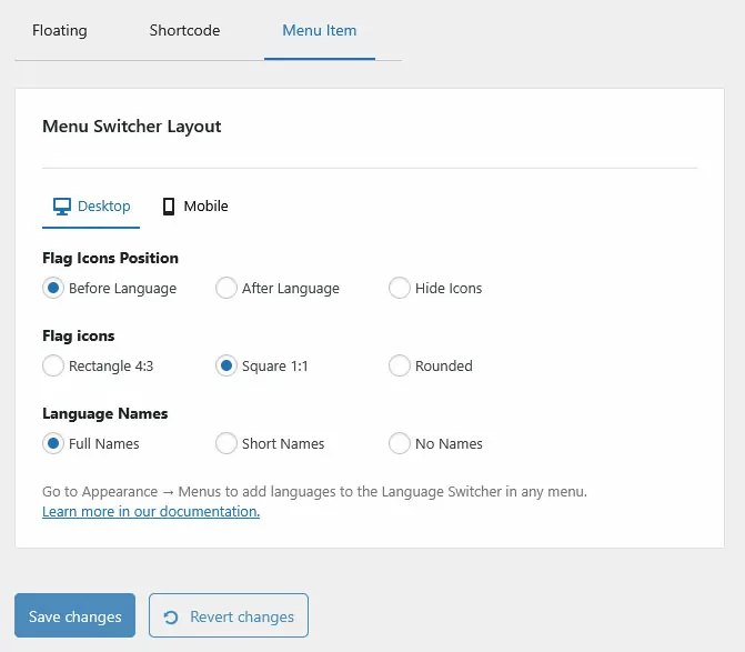 menu item language switcher options