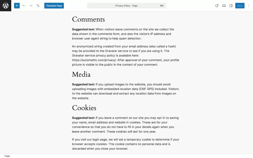 A WordPress privacy policy page within the Block Editor.