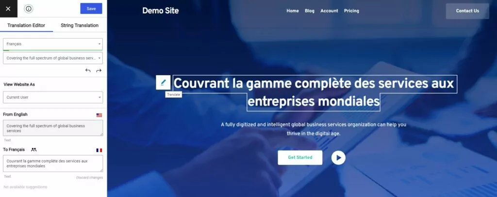 Viewing French translation of Brizy site content with Translation Editor from TranslatePress