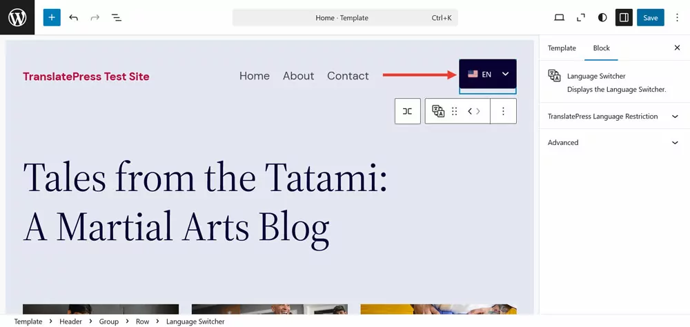 translatepress language switcher block in wordpress editor