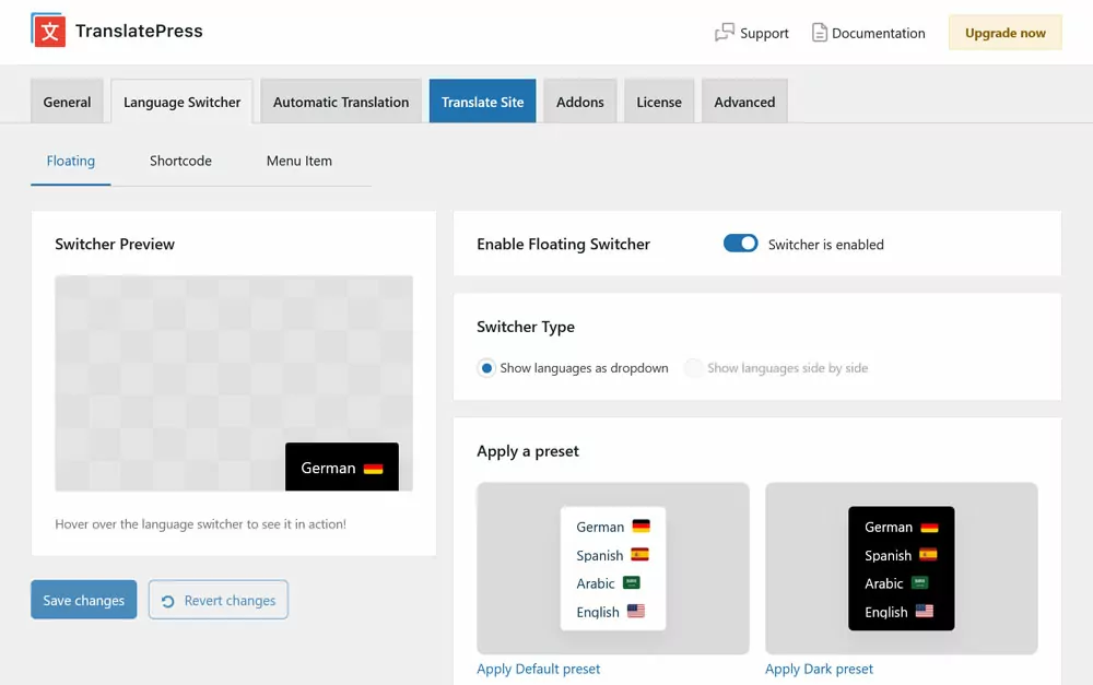translatepress language switcher settings