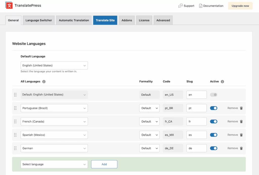 The WordPress admin panel showing TranslatePress' settings page with language configuration options.
