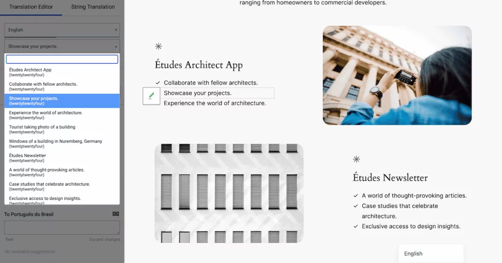 The TranslatePress visual translation editor open on a live WordPress page, with translation fields visible in the left-hand sidebar.