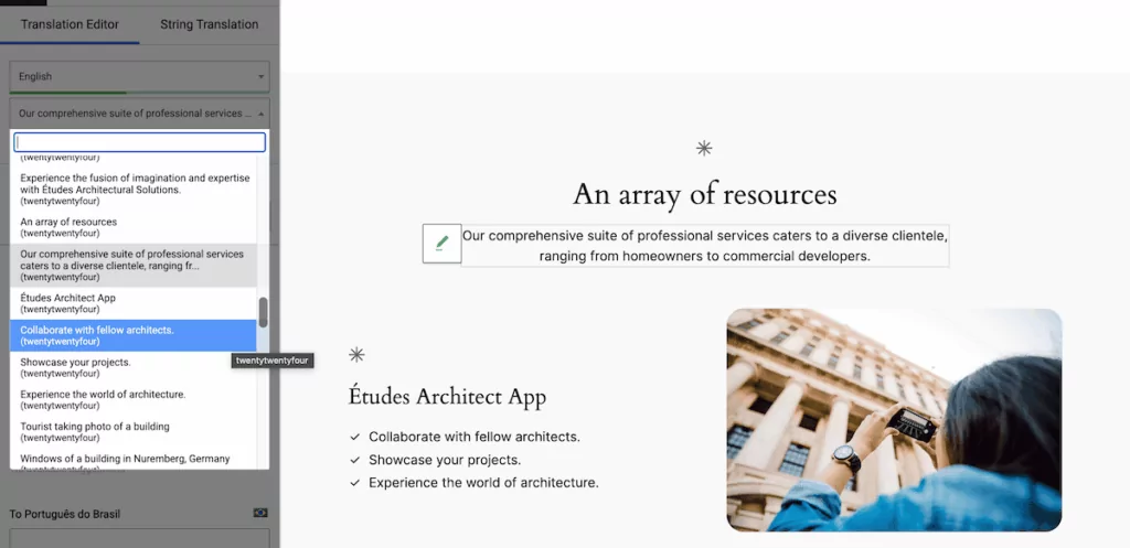 The TranslatePress Translation Editor interface.