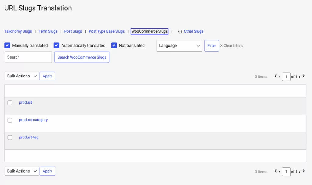 The URL Slugs Translation screen within TranslatePress' String Translation settings.