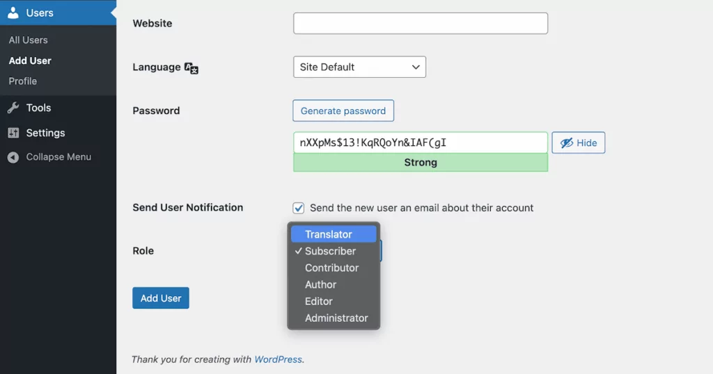 WordPress user creation interface showing the Translator role being assigned to a new user account.