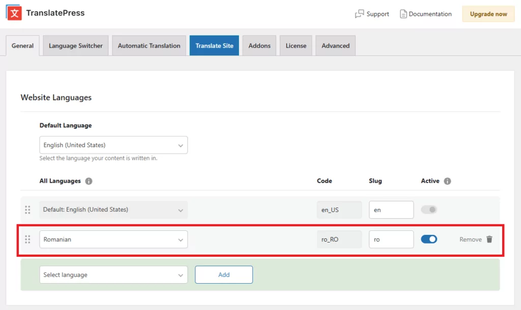 Adding Romanian as additional language from TranslatePress General tab