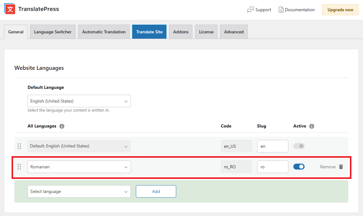 Adding Romanian as additional language from TranslatePress General tab