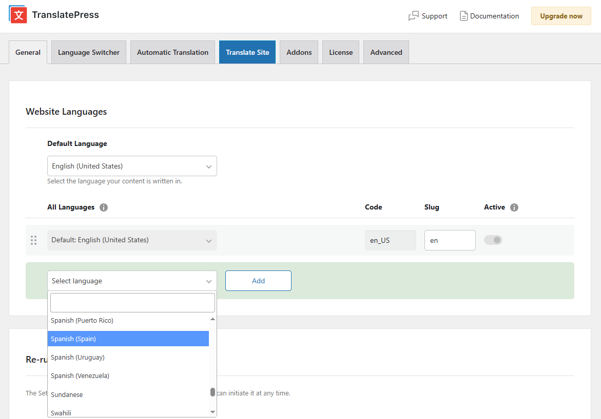 Adding Spanish as additional language from TranslatePress General tab