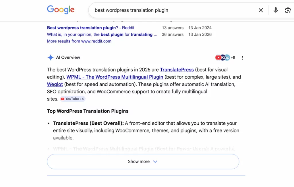 A Google search results page showing an AI Overview section with linked sources visible.
